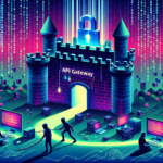 "Illustration of hackers exploiting vulnerabilities in API gateways, depicting a digital landscape with firewall breaches and security threats, emphasizing the importance of cybersecurity measures."