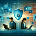 "Illustration of a computer screen displaying a secure remote collaboration tool interface with a hacker's silhouette in the background, symbolizing the intersection of cybersecurity and remote work."