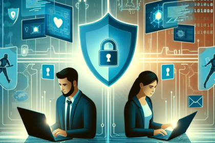 "Illustration of a computer screen displaying a secure remote collaboration tool interface with a hacker's silhouette in the background, symbolizing the intersection of cybersecurity and remote work."