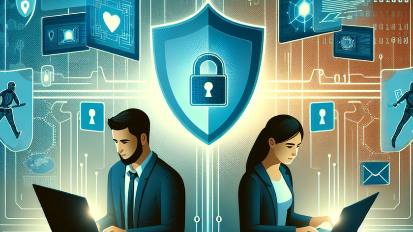 "Illustration of a computer screen displaying a secure remote collaboration tool interface with a hacker's silhouette in the background, symbolizing the intersection of cybersecurity and remote work."